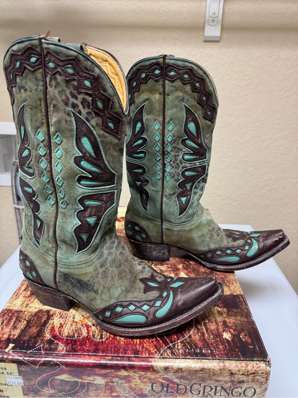 Old Gringo Women’s Distressed Teal and Brown Embroidered Butterfly Western Boots